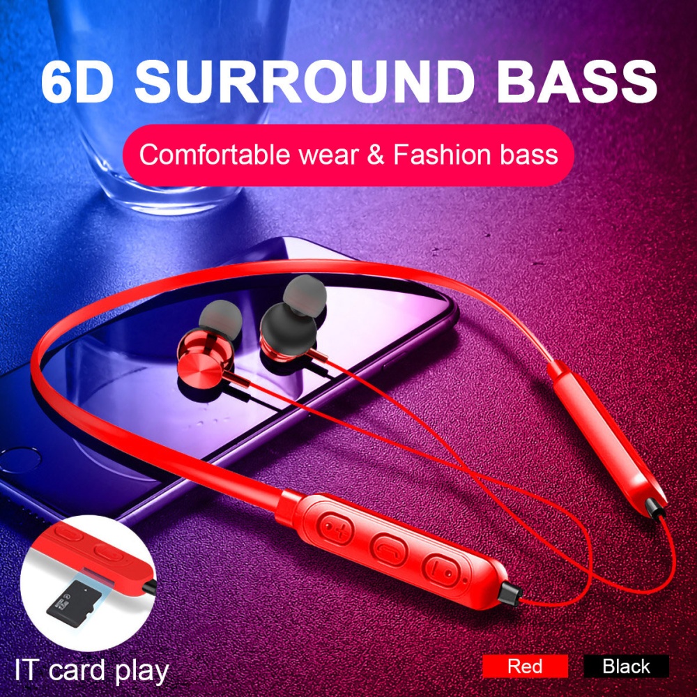 Wireless Earbuds bluetooth 5.0 Headphone TF Card 6D Stereo Deep Bass Sport Neckband Headset with Mic for iPhone Huawei - Red - Image 2