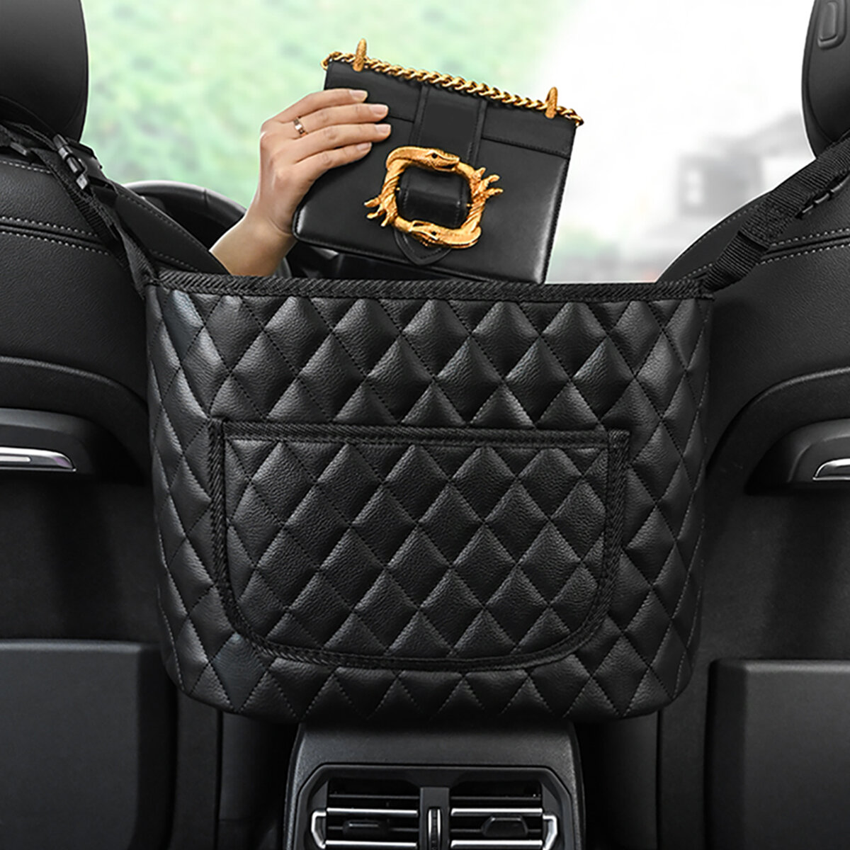 Car Seat Side Bag Storage Handbag Holding Pocket Holder Mesh Leather Organizer Seat - Black - Image 2