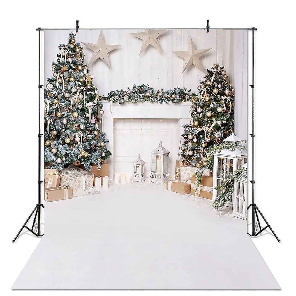 Christmas Photography Backdrops White Fireplace Wood Floor Background Cloth Photo Studio Background Christmas Tree - 2.1x1.5m