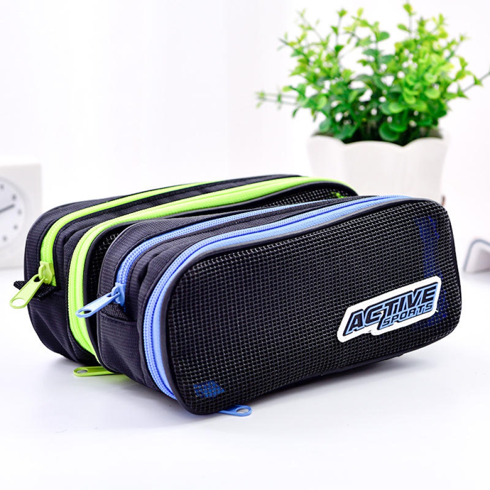 Double Layer Multifunction Pencil Case School Chancery Pencil Case Zipper Pencil Bag Large Capacity Pen Bag Stationery - Green - Image 2