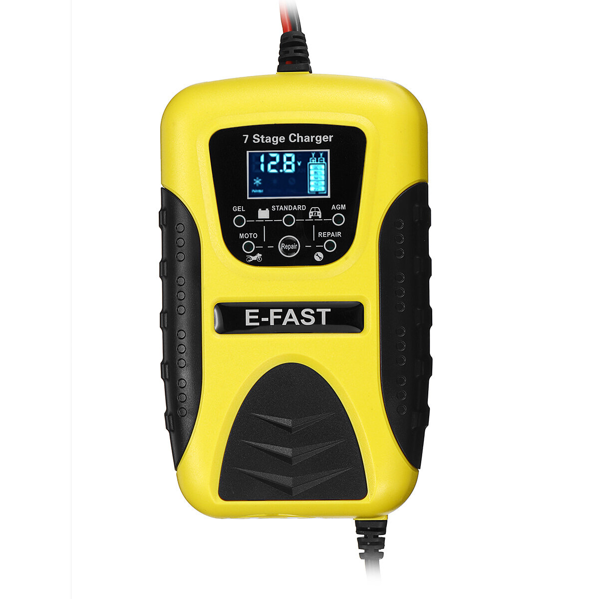 E-FAST 12V 7A Pulse Repair LCD Battery Charger Yellow For Car Motorcycle Lead Acid Battery - EU Plug