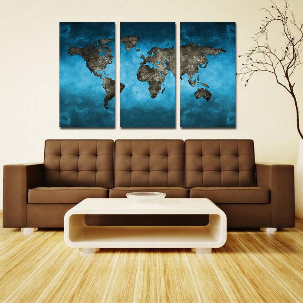 Miico Hand Painted Three Combination Decorative Paintings Continental Map Wall Art For Home Decoration - Image 2