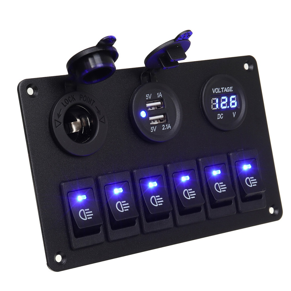 6 Gang Blue LED Rocker Switch Panel Car Marine Boat Circuit Dual USB Waterproof - Image 2