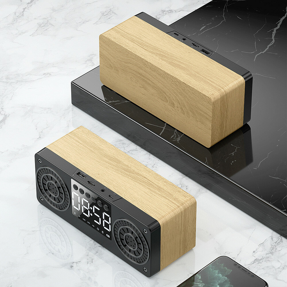 A10 Wooden Portable bluetooth 5.0 Speaker Alarm Clock Wireless Speakers Support TF AUX USB FM Radio for Smart Phone PC - Black - Image 2