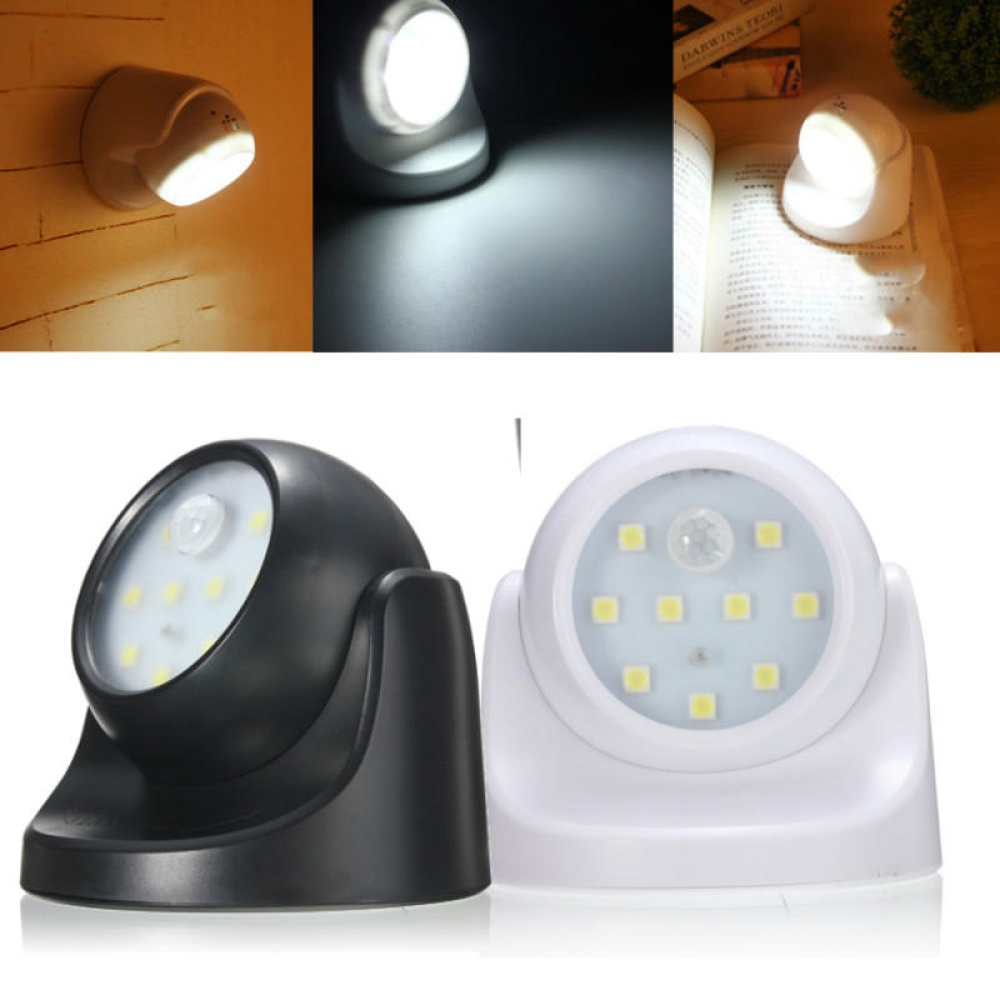 9LED Black/White Rotation Battery Powered Motion Activated Cordless Sensor Night Light - White