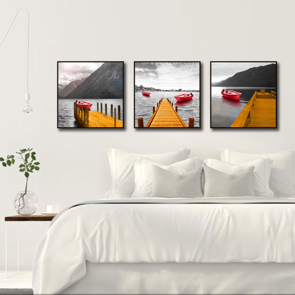 Miico Hand Painted Three Combination Decorative Paintings Red Boat Wall Art For Home Decoration - Image 2