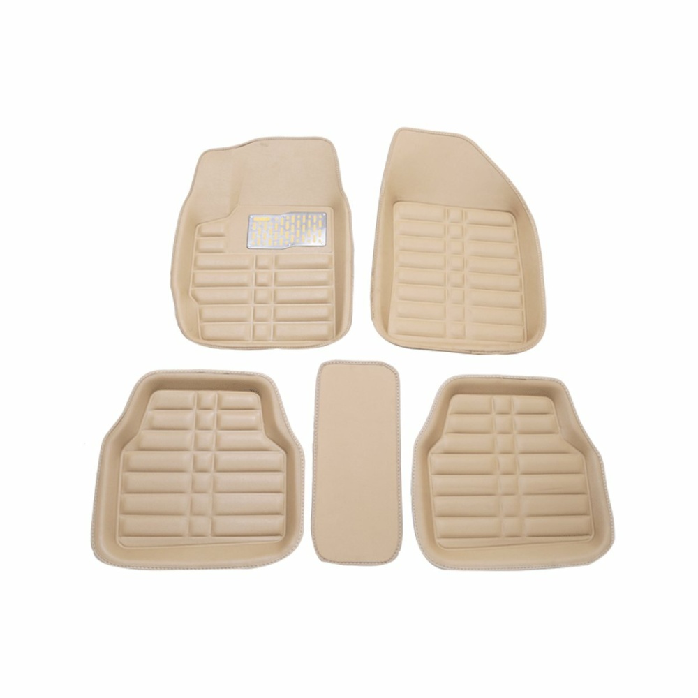 5Pcs Leather Indentation Full-Encased Car Floor Mat Front Rear Liner Waterproof Universal - Beige - Image 2