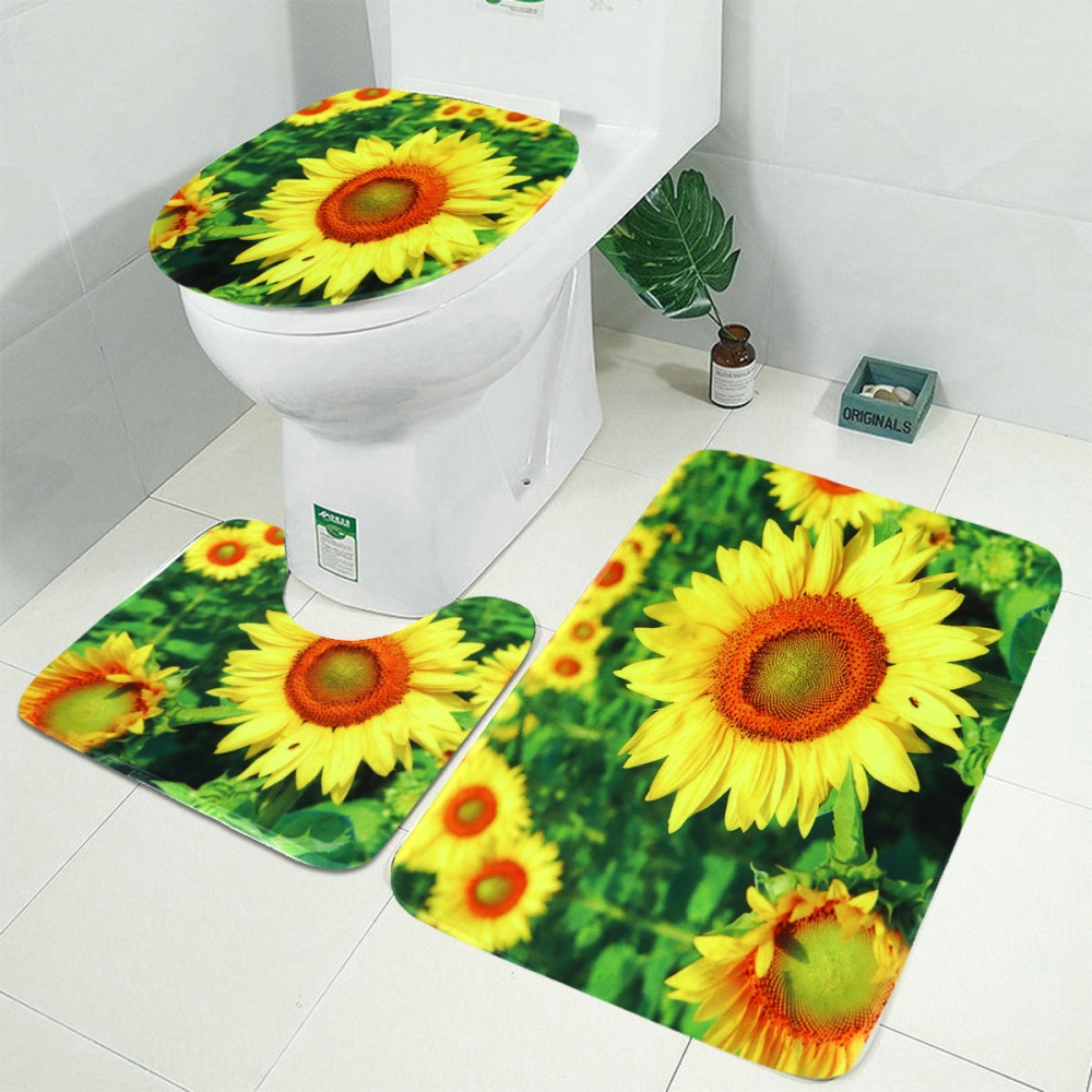 3D Sunflower Green Hue Bathroom Decor Shower Curtain Bathroom Rug Bath Mat Toilet Lid Cover Mat - #1 - Image 2