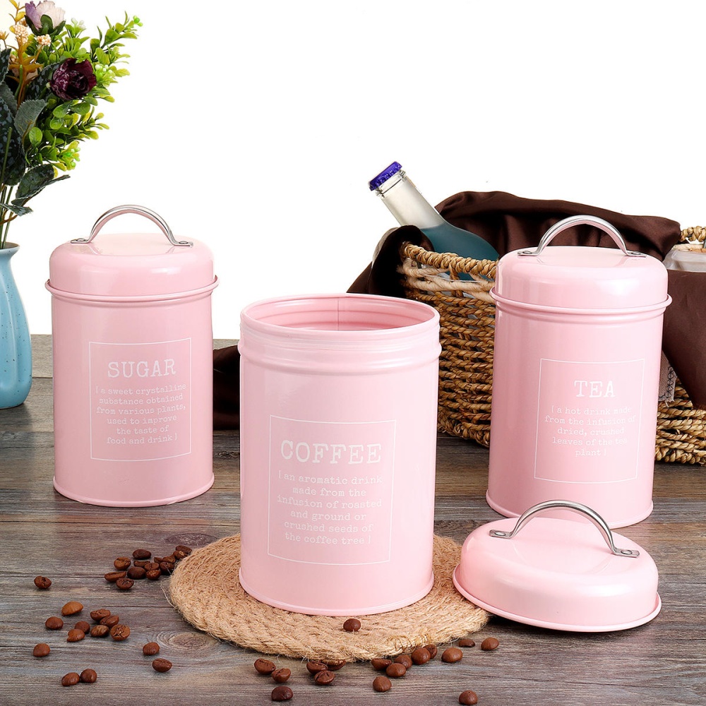 3Pcs Storage Tanks Canister Tea Coffee Sugar Tin Jar Stainless Steel Container Can Kitchen - Red - Image 2