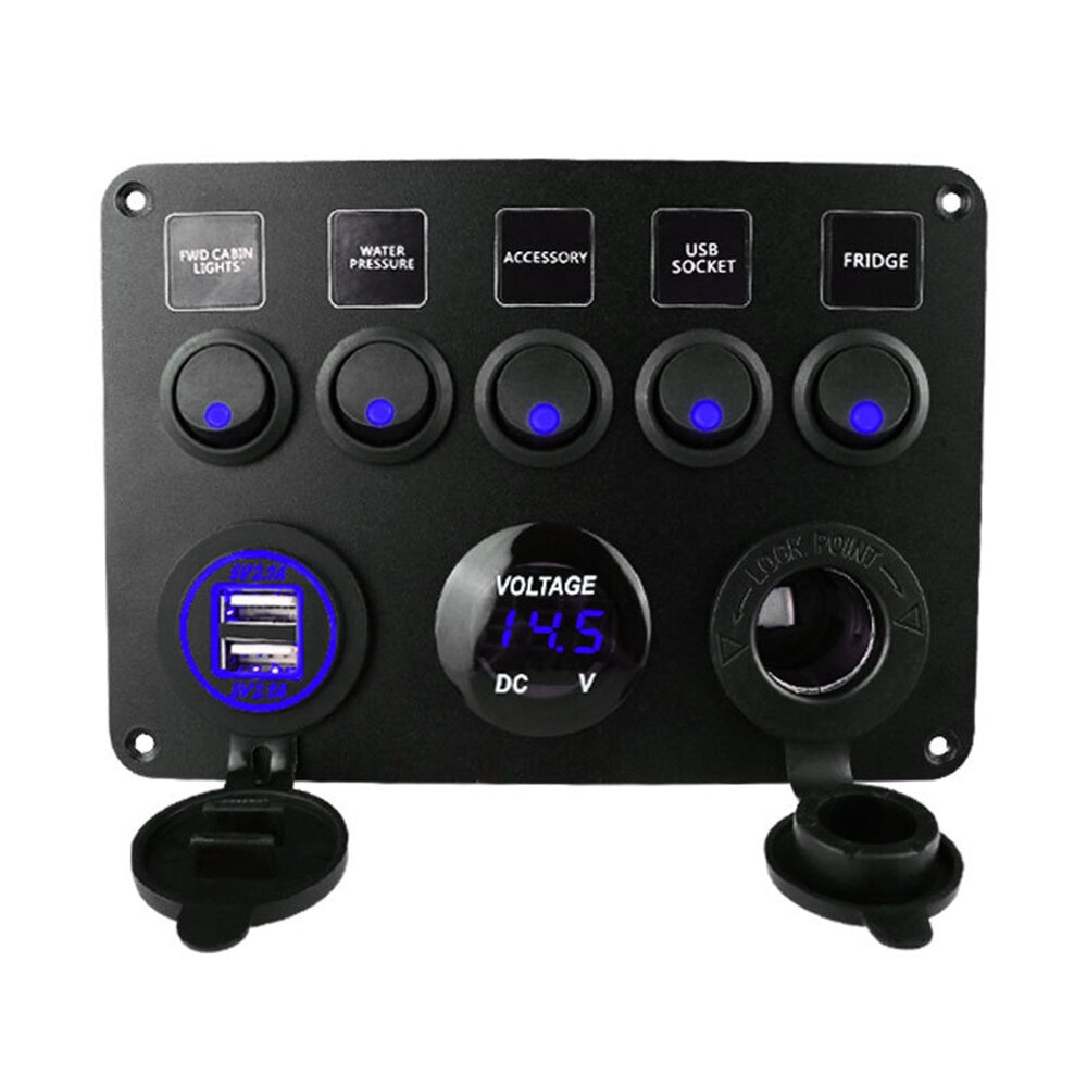 Car Boat Switch Panel Waterproof Digital Voltmeter Dual USB Port 12V Outlet Combination Marine LED Rocker 5 Gang - Red - Image 2