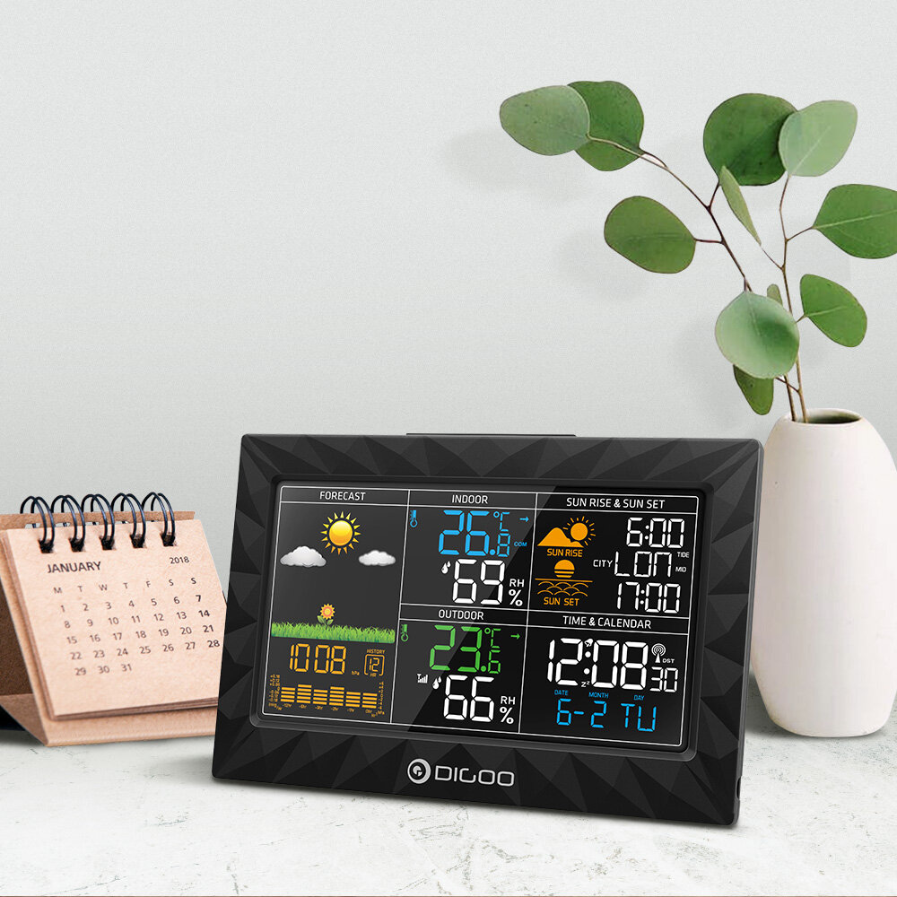 DIGOO DG-TH8988 3CH LCD Color Weather Station + Outdoor Remote Sensor Thermometer Humidity Snooze Clock Sunrise Sunset Calendar