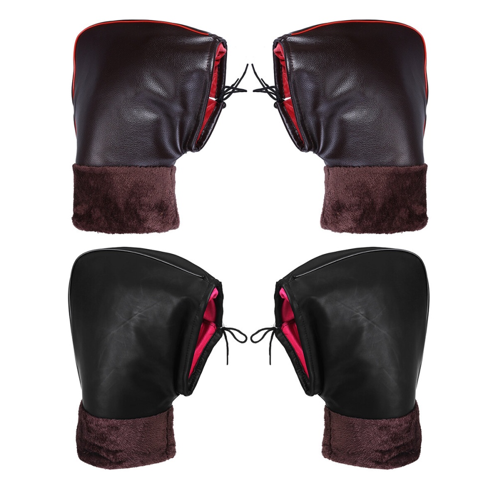 Motorcycle Handlebar Gloves Winter Riding Windproof Warm Velvet Leather Glove Grips - Brown - Image 2