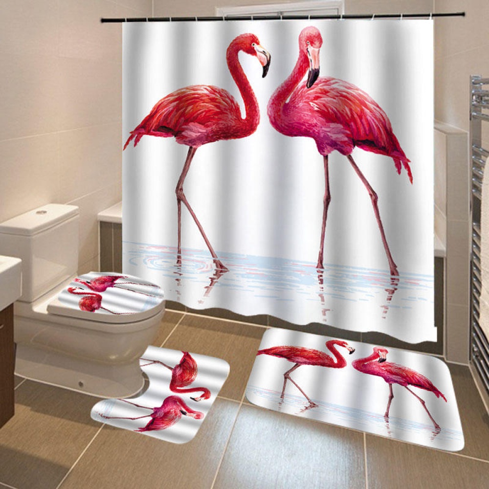 4PCS 3D Flamingo Waterproof Bathroom Shower Curtain Toilet Cover Mat Non-Slip Floor Mat Rug Bathroom Set with 12 Hooks - #4 - Image 2