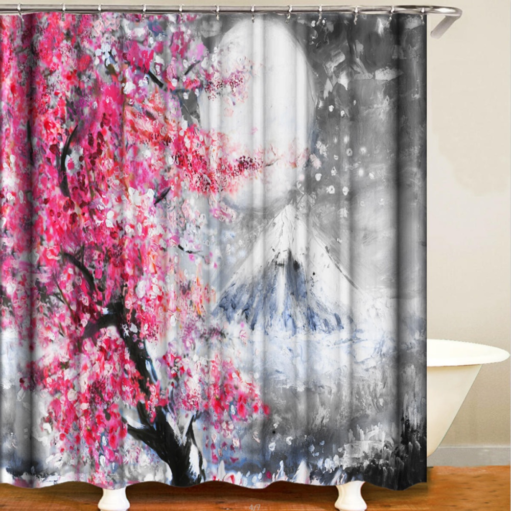 Sakura Snow Mountain 1/3/4 Pcs Waterproof Shower Curtain Toilet Cover Mat Bathroom Set Non-Slip Rug Kit - #3 - Image 2