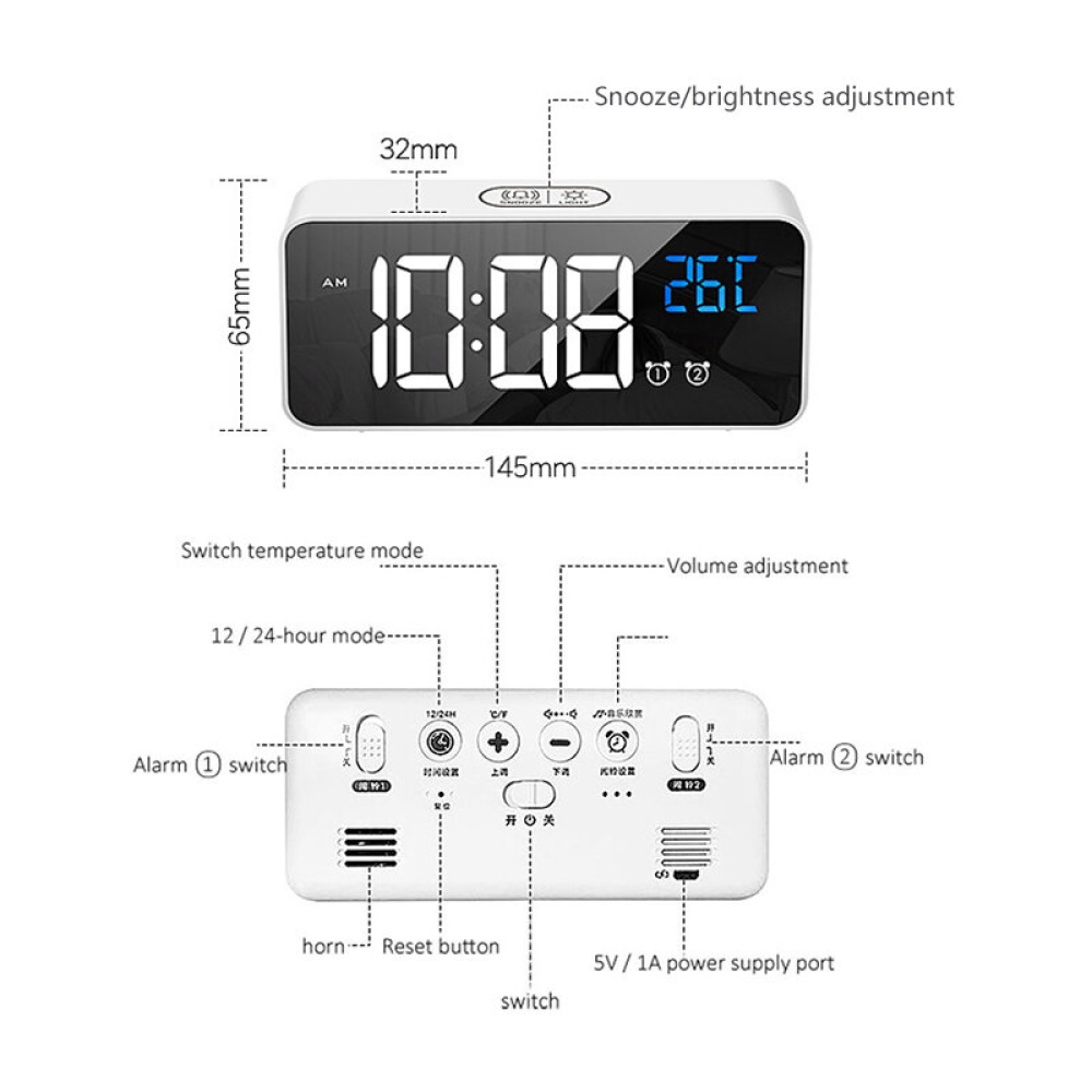 Bakeey Voice Control Alarm Clock Digital Snooze Mirror Timer LED Display Home Decoration Clocks - White - Image 2