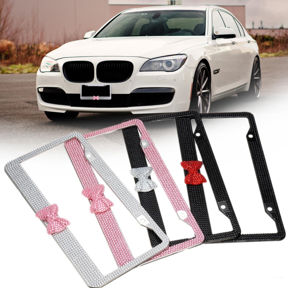 Bling Rhinestone Car License Plate Stainless Steel Frame For US/CA - 4