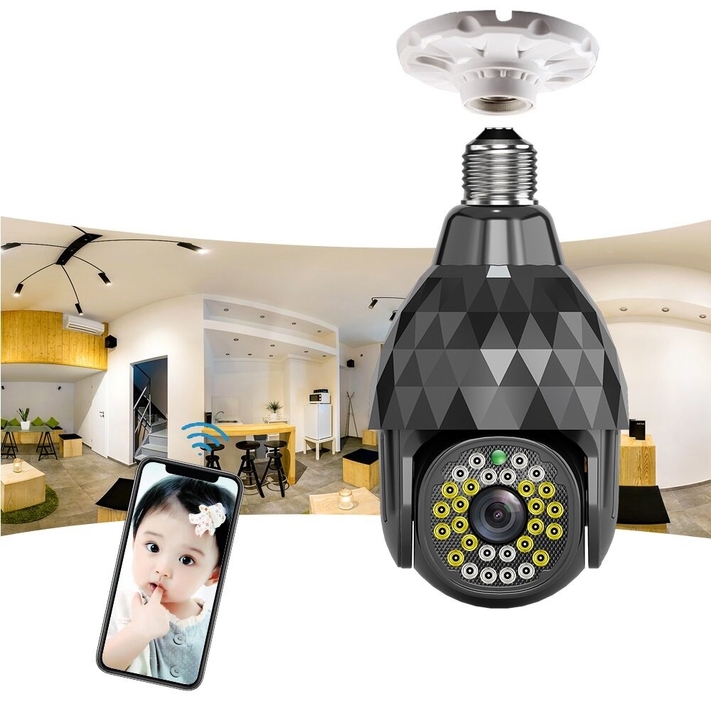 Guudgo WIFI PTZ HD 1080P Surveillance E27 Camera 28 LED Diamond Bulb Ball Camera Smart Dual light Night Vision with E27 Base