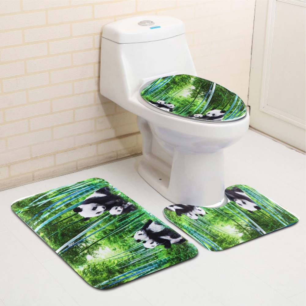 4Pcs Panda Bamboo Decor Non-Slip Rug Toilet Lid Cover Bath Mat Shower Curtain for Bathroom - B - Image 2