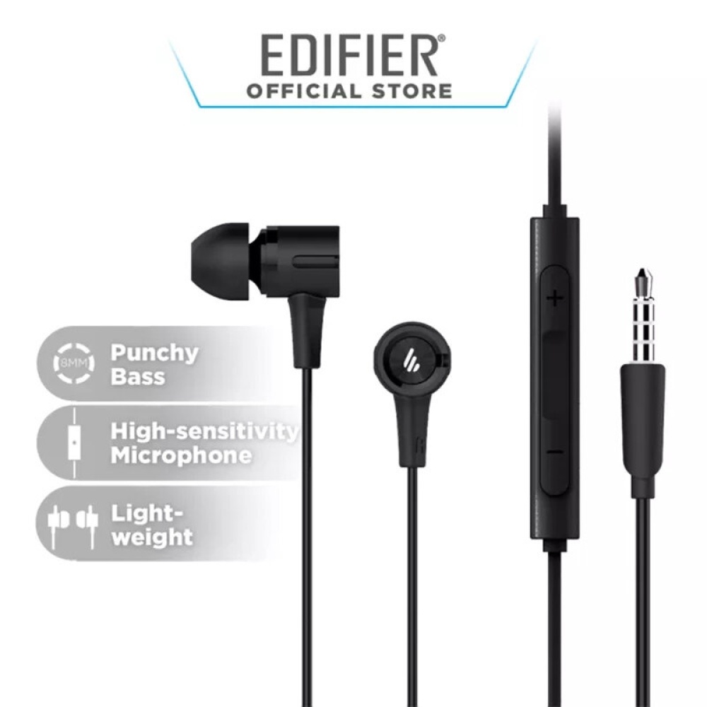 Edifier P205 Punchy Bass Earbuds 8mm Diaphragm Unit Wired Earphones with Remote Control and Microphone Headphones - Black - Image 2