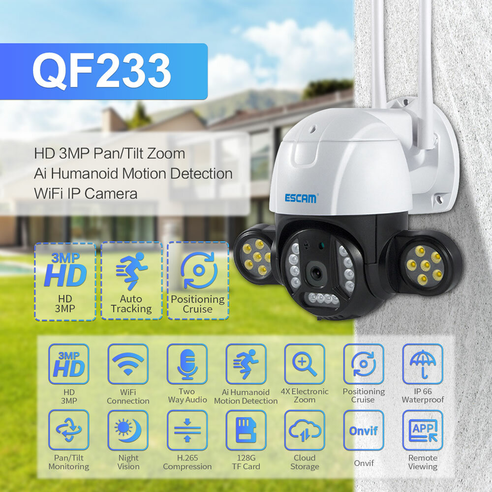 ESCAM QF233 3MP PTZ H.265 WIFI IP Camera Fixed Point Cruise 4 xZoom Dual Light IP66 Waterproof Motion Sensor Detection Two-way Voice Intelligent Dual - Image 2