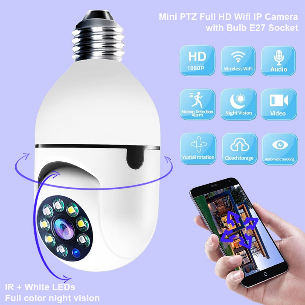 E27 2MP Mini PTZ Full HD Wifi IP Camera with E27 Bulb Socket Night Vision Cloud Storage Speed Dome Security Serveillence for Smart Home Monitoring - - Image 2