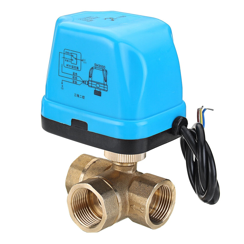 TMOK 1/2" 3/4" 1" Blue Shell 3 Way Motorized Electric Brass T Ball Valve 3 Wire AC 220V Full Port - 1/2 Inch - Image 2