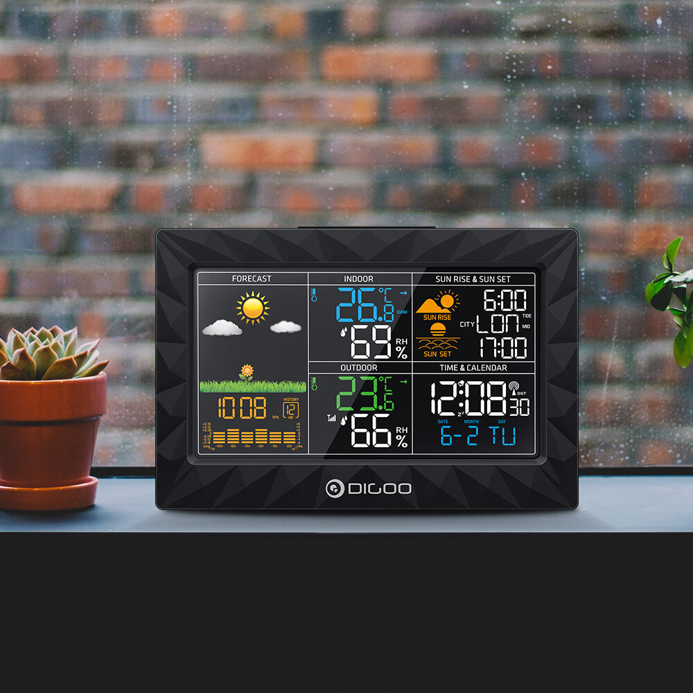 DIGOO DG-TH8988 3CH LCD Color Weather Station + Outdoor Remote Sensor Thermometer Humidity Snooze Clock Sunrise Sunset Calendar - Image 2