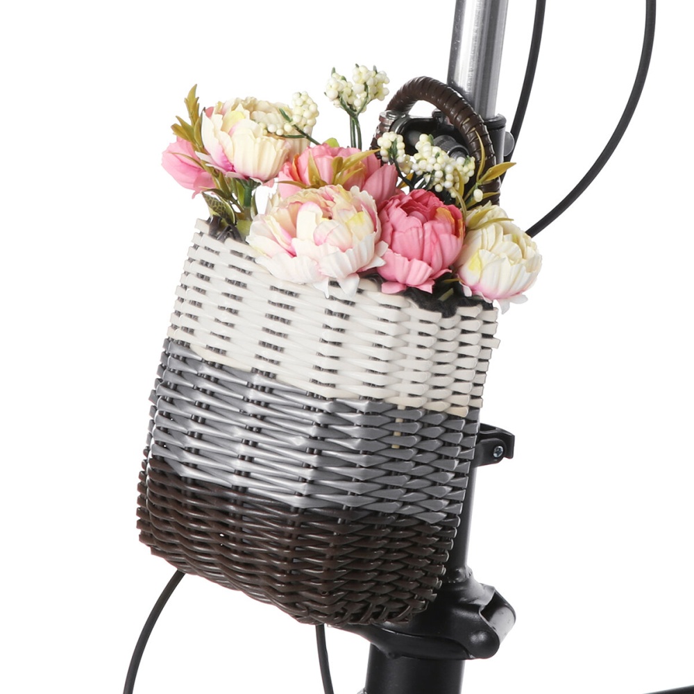 Bicycle Basket Rattan Bike Front Basket Carrying Shopping Stuff Pets Fruits Storage Case For Cycling - Grey & Yellow - Image 2