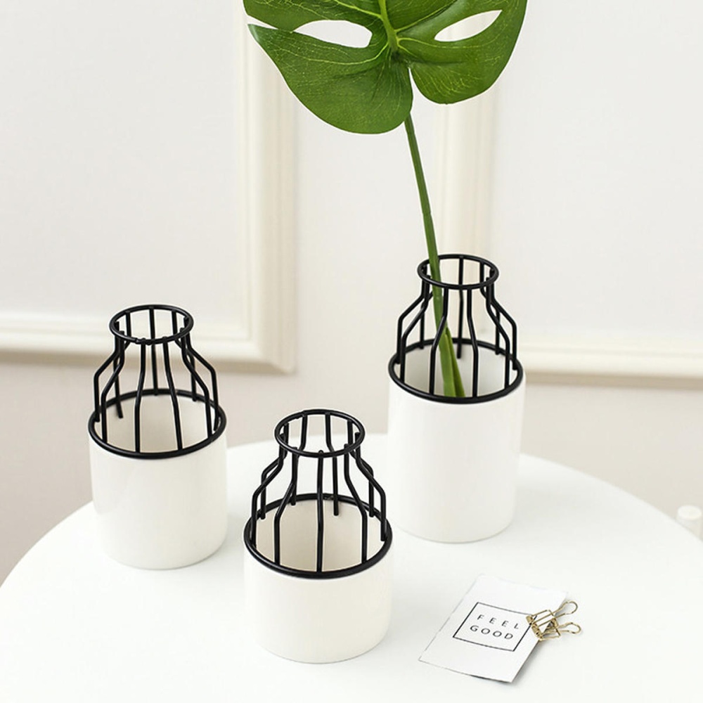 Home Party Black Metal Rack Ceramic Flower Pot Garden Plant Succulent Stand Holder Decor - S