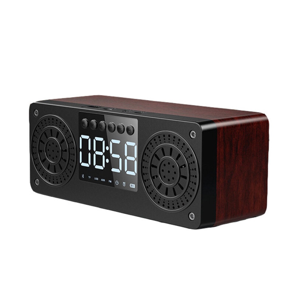 bluetooth 5.0 Wooden Speaker Alarm Clock Support TF Card/USB/AUX/ FM Radio - Black