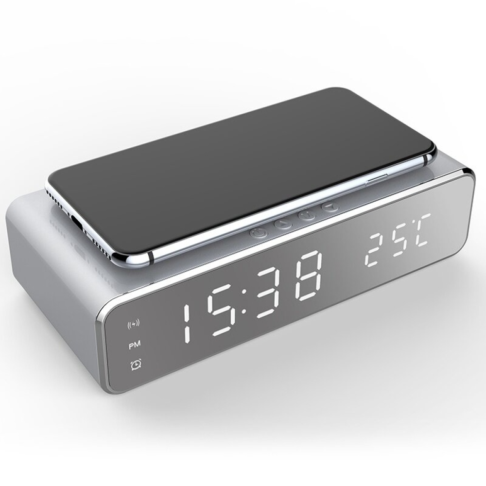 USB Digital LED Desk Alarm Clock With Thermometer Wireless Charger For Samsung Huawei - Silver - Image 2