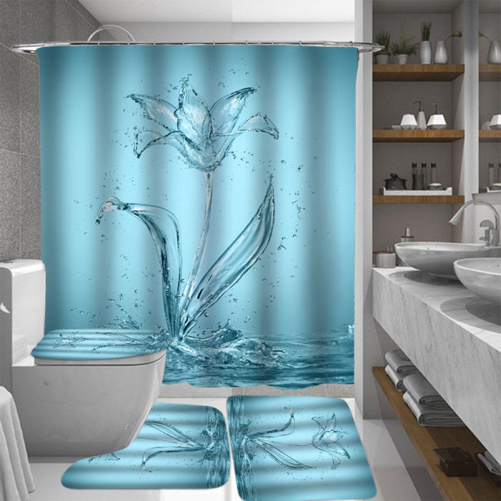 1/3/4PCS Transparent Lily Waterproof Bathroom Shower Curtain Toilet Cover Mat Non-Slip Floor Mat Rug Bathroom Set with 12 Hooks - #3 - Image 2