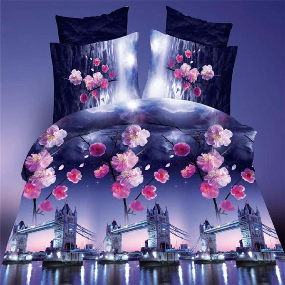 4pcs 3D Plum Blossom Bridge Reactive Dyeing Polyester Fiber Bedding Sets Queen King Size Duvet Cover - Image 2