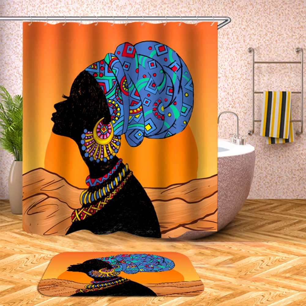 Waterproof African Baotou Woman Shower Curtains with 12 Hooks Bathroom Toilet Rug Mat Set - Carpet - Image 2