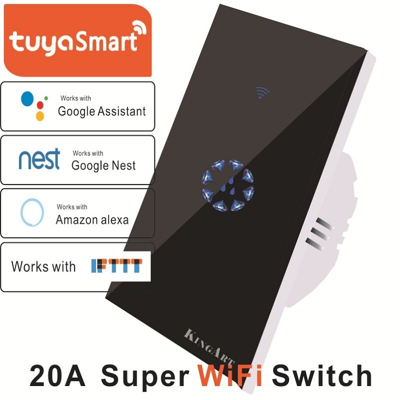 KINGART Tuya 20A Smart WIFI Touch Wall Switch Panel EU Standard Remote Control Works with Amazon Alexa Google Home - Black - Image 2