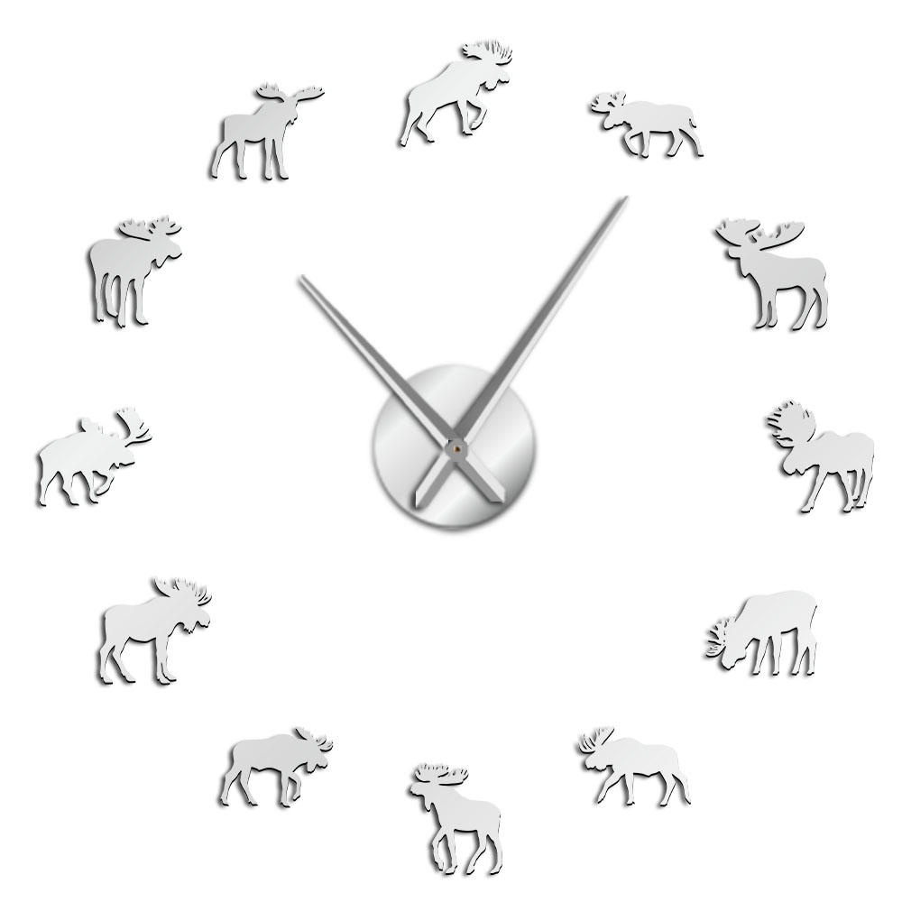 47 Inch Wildlife Moose DIY Giant Wall Clock Moose Silhouette Decorative Frameless Wall Watch Modern Nature Animal Wall Art Hunting Clock - Silver - Image 2