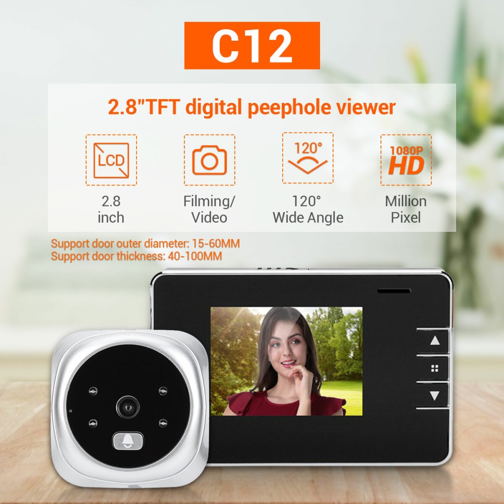 C12 Door Viewer Video Peephole Camera 2.8" Monitor Digital Ring Doorbell Night Vision Video-eye Security Voice Record HD 1080P - Image 2