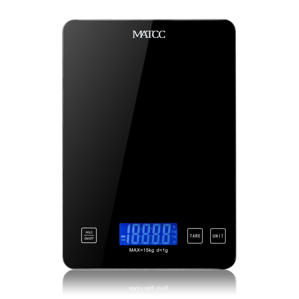 MATCC Brand Custom Kitchen Scale MAX15kg/d=1g Black 4mm glass Panel 5 units Conversion With Battery