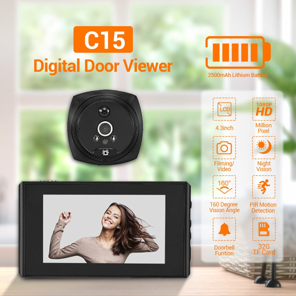 C15 HD 1080P Door Viewer Video Peephole Camera 4xZoom4.3" LCD Screen Cat's Eye Camera Doorbell Motion Detections with 2PCS LED Night Vision