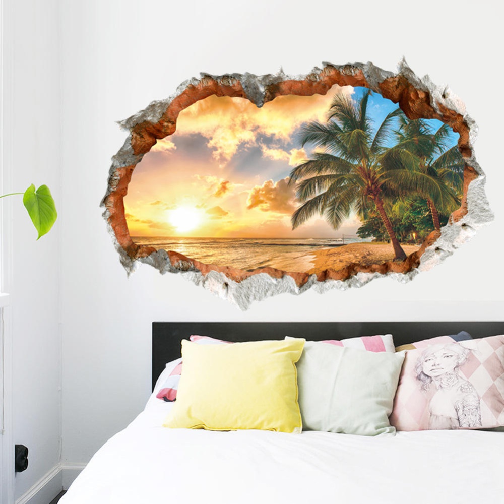 Miico Creative 3D Sunshine Beach Coconut Palm Broken Wall Removable Home Room Decorative Wall Door Decor Sticker - Image 2