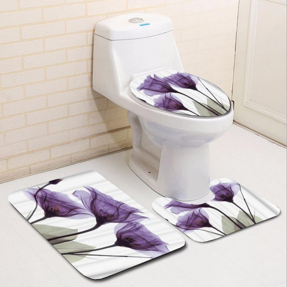 Tulips Lavender Hope Printed Bathroom Flower Decor Waterproof Shower Curtain Non Slip 3-Piece Rug Set - #3 - Image 2