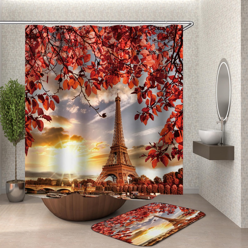 3D Tree and Eiffel Tower Dusk Printed Bathroom Waterproof Shower Curtain Anti-slip Bath Mats Carpets Pedestal Rugs Toilet Seat Cover - #3 - Image 2