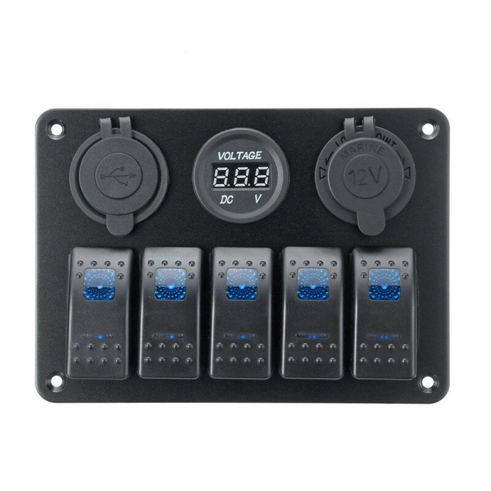 5 Gang On-Off Blue LED Toggle Switch Panel Voltmeter Dual USB Car Boat Marine - Image 2