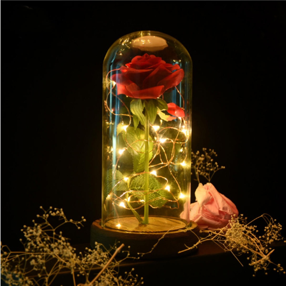 Red Rose Lights Decorations Beauty Enchanted Preserved Red Fresh Rose Glass Cover with LED Light - Burnt Wood Base - Image 2