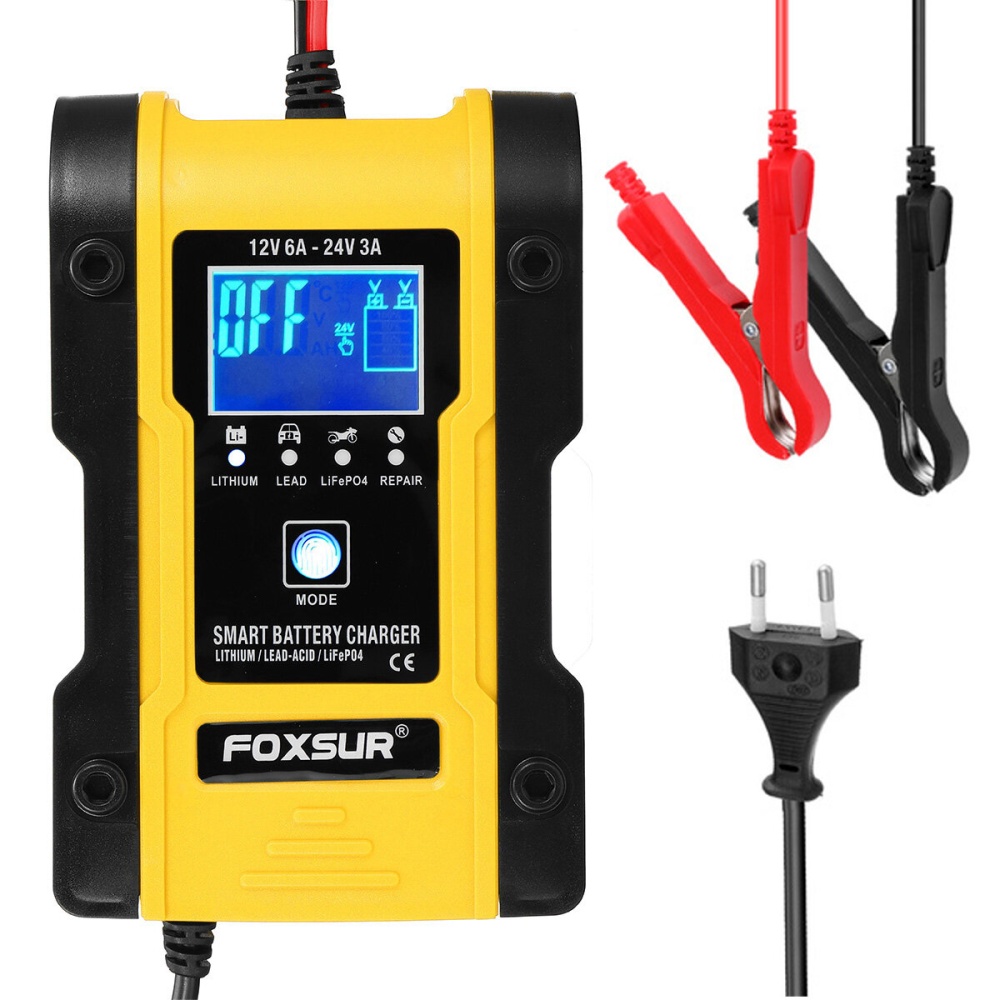FOXSUR 7-Stages 12V 6A 24V 3A Battery Charger Touch Screen LCD Display Pulse Repair Automatic For Car Motorcycle Electric Scooter Lead-Acid Agm Gel W