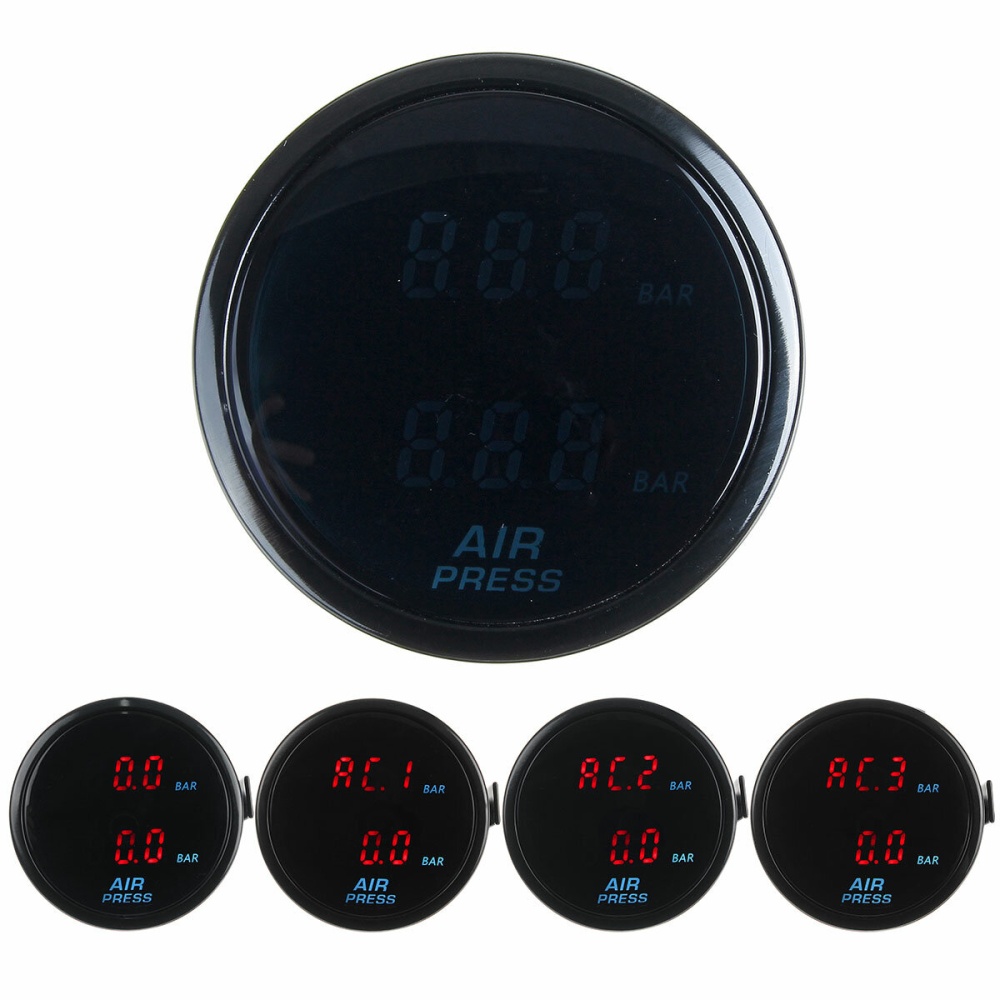 52mm Air Pressure Gauge Bar Dual Digital Display Air Ride Meter with Sensor Red LED - Image 2