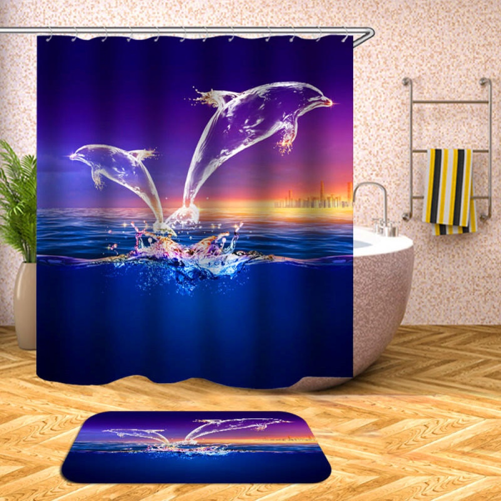 Glowing Dolphin Waterproof Shower Curtain Non-Slip Floor Mat Rug Lid Toilet Cover Set Bathroom Suit Waterproof Bath Curtain with 12 Hooks - #4 - Image 2