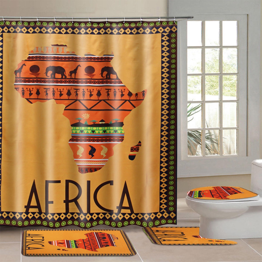 4PCS African Style Non-Slip Bathroom Mat Toilet Shower Rug Carpet Shower Curtain - D0114 - Image 2