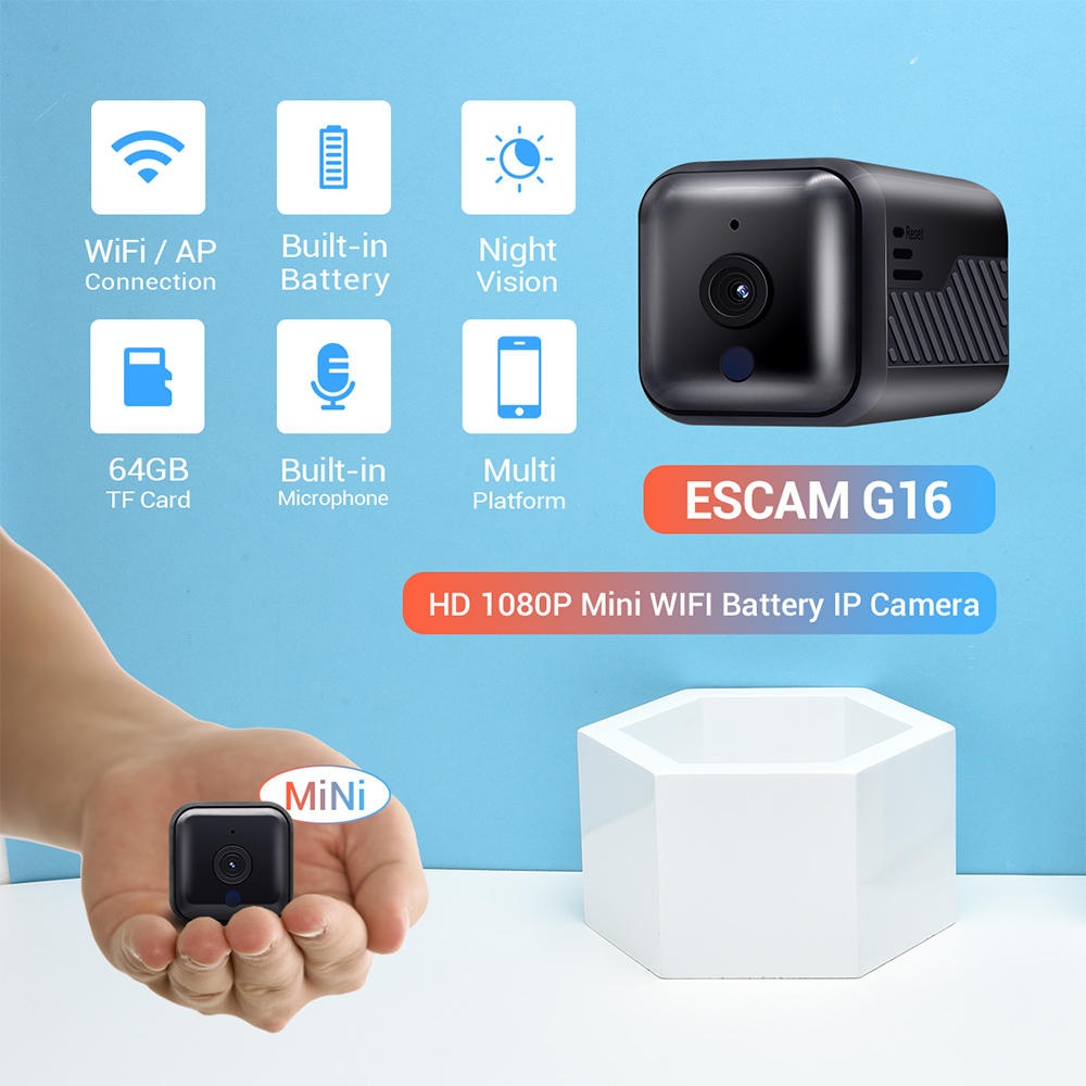 ESCAM G16 1080P Mini WiFi Night Vision Battery Camera with Audio Support AP Hotspot 64GB Card Video Recorder - Image 2