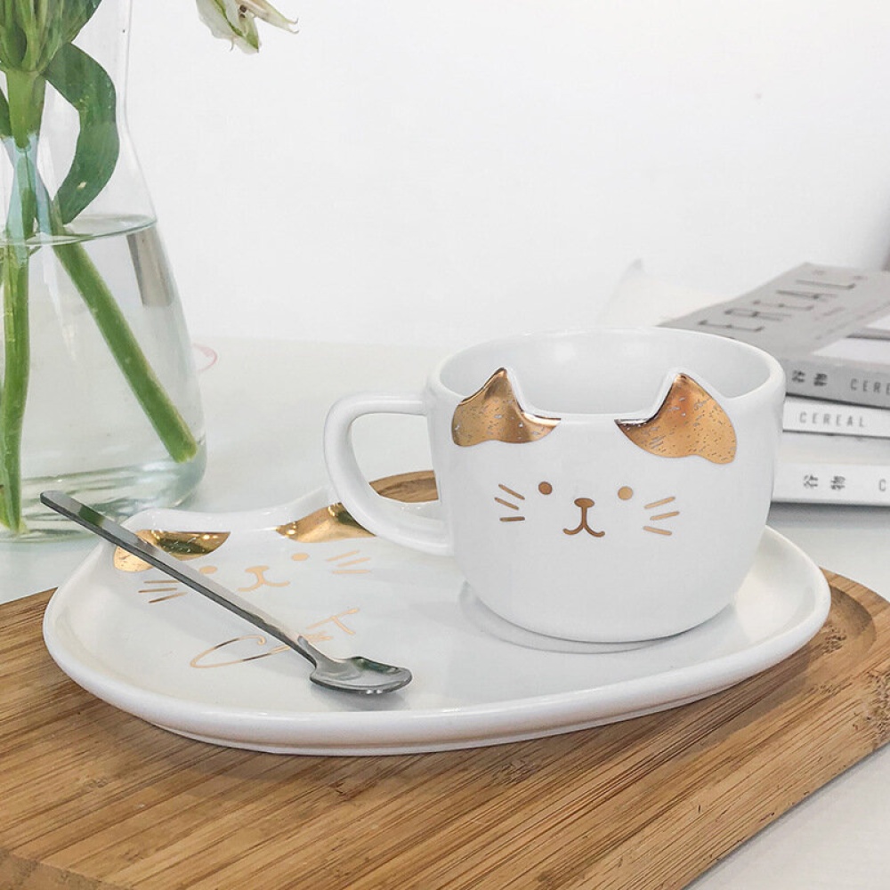 200ML Cat Gold Ceramic Coffee Cup Dish Restaurant With Dish Water Cup Office Cup Tea Cup - White - Image 2